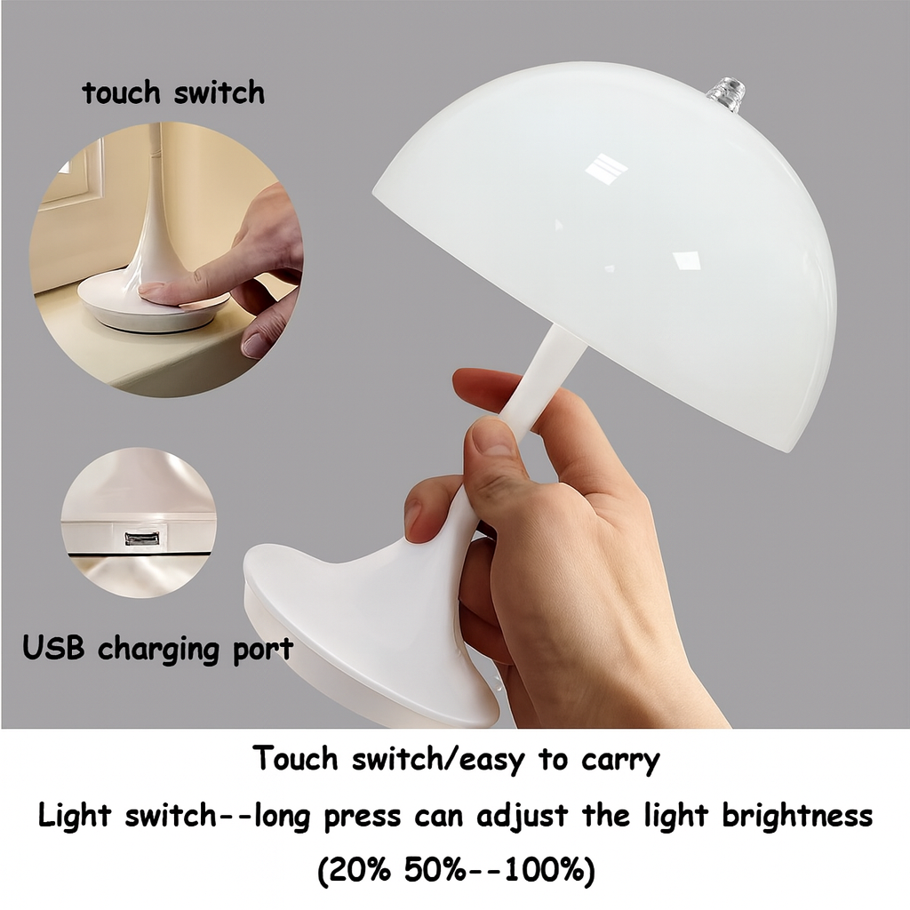 Portable Mushroom LED Table Lamp – USB C Rechargeable, Touch Control, 3-Color Dimmable Night Light