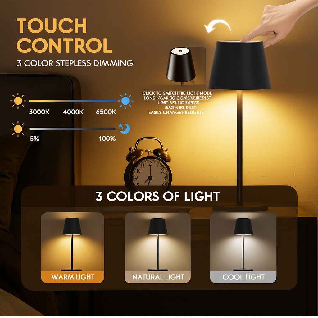 Rechargeable LED Touch Table Lamp – 3 Color Modes, Dimmable, Cordless Bedside & Desk Light